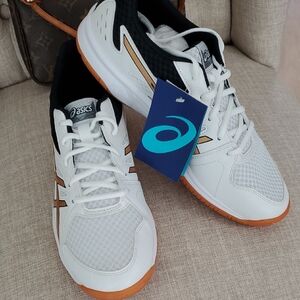 ASICS Womens White and Black Athletic Shoes with Gold Accents